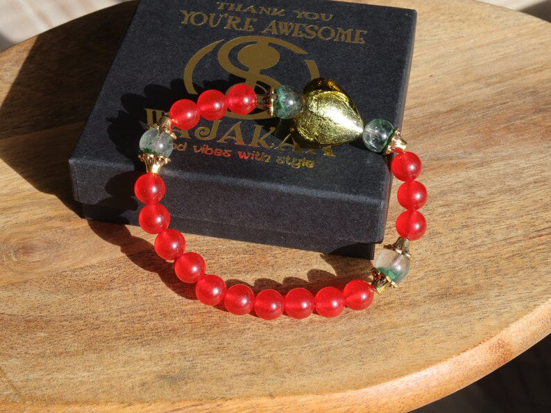 Fantastic Green Phantom Quartz beads and Natural Stone Red Chalcedony with Brass Flower Bead Caps fit 5-8mm beads.