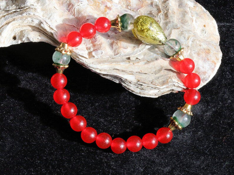 Fantastic Green Phantom Quartz beads and Natural Stone Red Chalcedony with Brass Flower Bead Caps fit 5-8mm beads.
