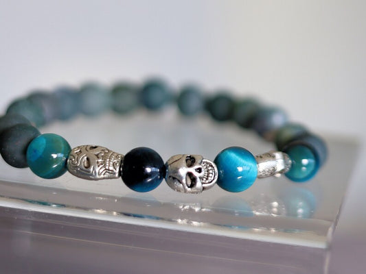 Trio faces bracelet Moss Agate stones and amazing 3x spacer tribal heads. seeking forgiveness, or finding love!