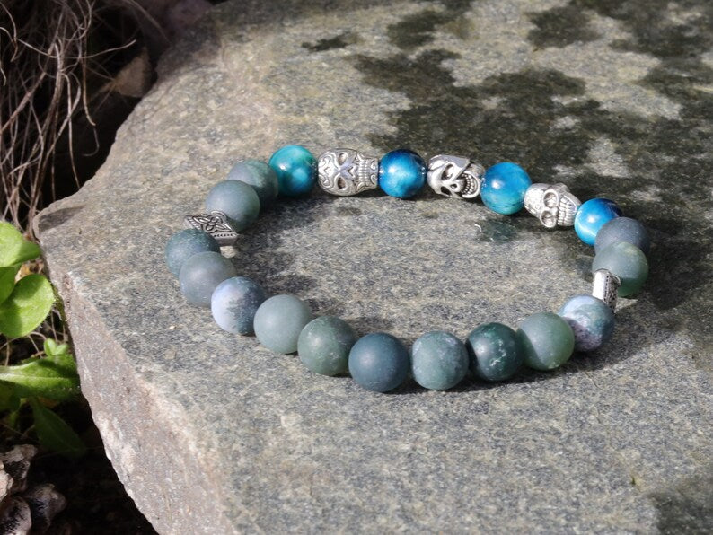 Trio faces bracelet Moss Agate stones and amazing 3x spacer tribal heads. seeking forgiveness, or finding love!
