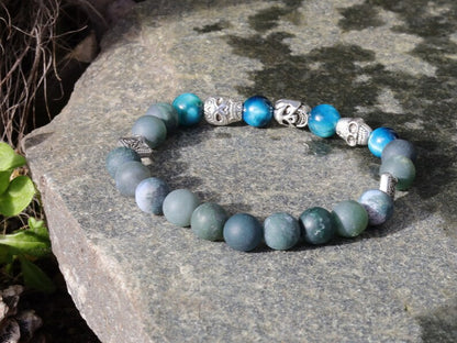 Trio faces bracelet Moss Agate stones and amazing 3x spacer tribal heads. seeking forgiveness, or finding love!