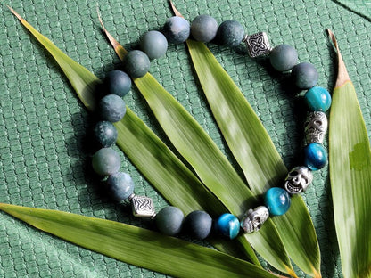 Trio faces bracelet Moss Agate stones and amazing 3x spacer tribal heads. seeking forgiveness, or finding love!