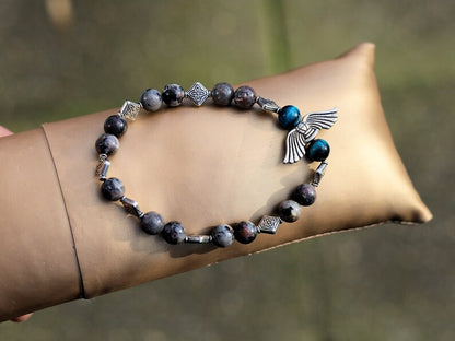 Flame Stone Beads Yooperlite with Silver bead standard with wings combined with 2x Blue Tiger Eye and Spacer Cube Square Diamond Diamond.