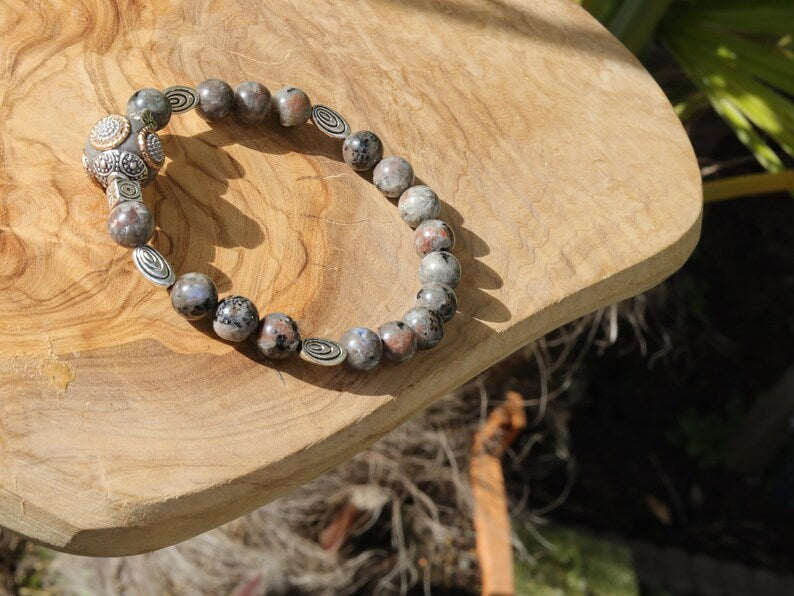 Flame Stone Beads Yooperlite with Handmade Indonesia Beads and Cubic Beads Stripes Star Flake Sun Silver.