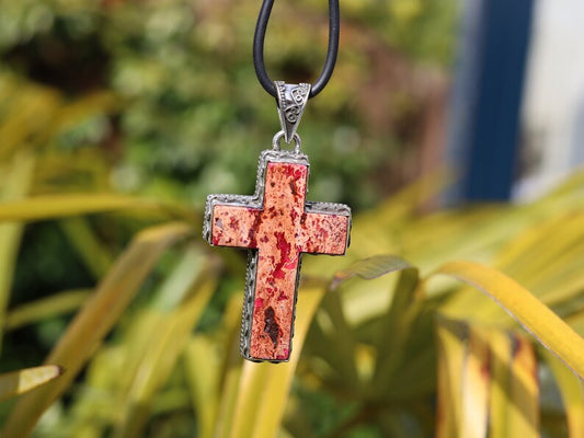 925 Pāgala Necklace Collection- Pink Sea Sediment Jasper Pendant 925 Sterling Silver Pendant Gemstone Handmade Unique Pendant Vintage Cross