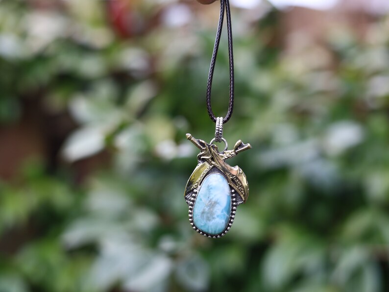 925 Pāgala Necklace Collection - Larimar Pendant 925 Sterling Silver.18K Gold Plated Original Gemstone Sword Pendant. One of a kind!
