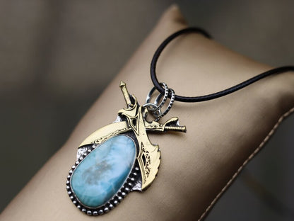 925 Pāgala Necklace Collection - Larimar Pendant 925 Sterling Silver.18K Gold Plated Original Gemstone Sword Pendant. One of a kind!