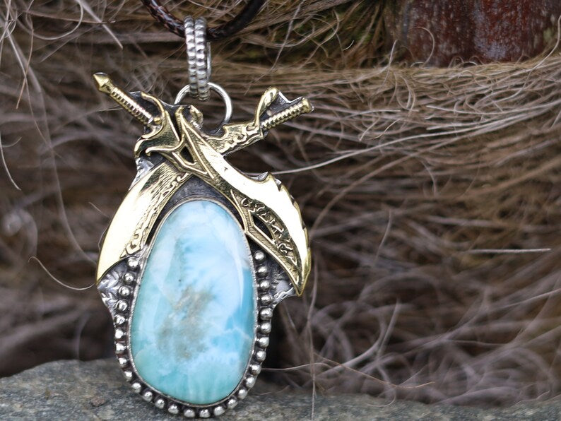 925 Pāgala Necklace Collection - Larimar Pendant 925 Sterling Silver.18K Gold Plated Original Gemstone Sword Pendant. One of a kind!