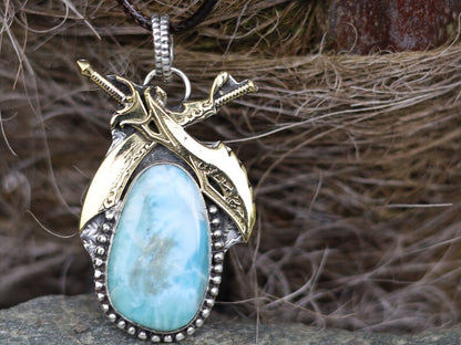 925 Pāgala Necklace Collection - Larimar Pendant 925 Sterling Silver.18K Gold Plated Original Gemstone Sword Pendant. One of a kind!