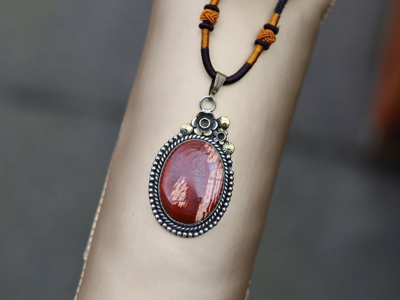 925 Pāgala Necklace Collection - Red Snakeskin Jasper Pendant 925 Sterling Silver Pendant 18K Gold Plated Gemstone Pendant. One of a kind!