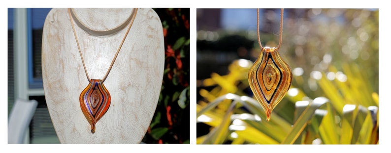 Murano-inspired twisted GLASS PENDANTS lampworks necklaces. The glass is handcrafted and hand-blown and shaped by master glass maker.