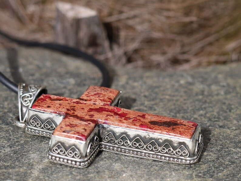 925 Pāgala Necklace Collection- Pink Sea Sediment Jasper Pendant 925 Sterling Silver Pendant Gemstone Handmade Unique Pendant Vintage Cross