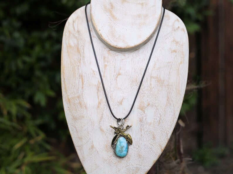 925 Pāgala Necklace Collection - Larimar Pendant 925 Sterling Silver.18K Gold Plated Original Gemstone Sword Pendant. One of a kind!