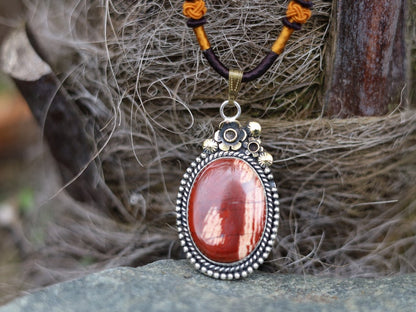 925 Pāgala Necklace Collection - Red Snakeskin Jasper Pendant 925 Sterling Silver Pendant 18K Gold Plated Gemstone Pendant. One of a kind!
