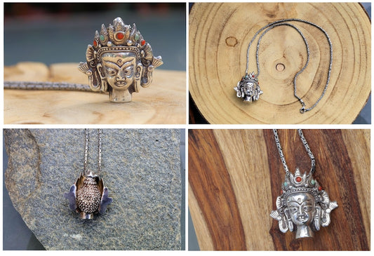Vintage necklace with a large pendant handmade Hindu God of 925 silver marked and inlaid with coral and turquoise stones
