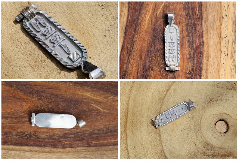 Silver Vintage necklace pendant Egypt. Size approx 10 mm x 45 mm. Egyptian Hieroglyph Name , 925 Sterling Silver.