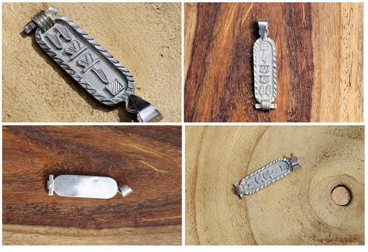 Silver Vintage necklace pendant Egypt. Size approx 10 mm x 45 mm. Egyptian Hieroglyph Name , 925 Sterling Silver.