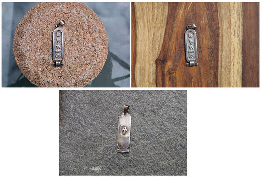 Silver Vintage necklace pendant Egypt. Size approx 10 mm x 40mm. Egyptian Hieroglyph Name , 925 Sterling Silver.