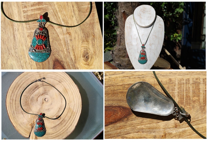 Coral  2x Turquoise Native Tribal Ethnic Jewelry Tibet Tibetan Nepal OXIDIZED Silver 925 Sterling Silver