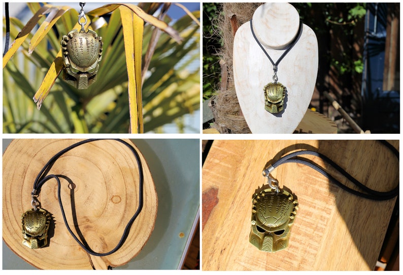 Aliens V Predator pendant. Pendant Size: 6.5x4.8cm (1cm=0.394in). weight: 35g. Metals : Zinc alloy. Bronze color.  Rope chain 68 cm, not adjustable, diameter 3 mm