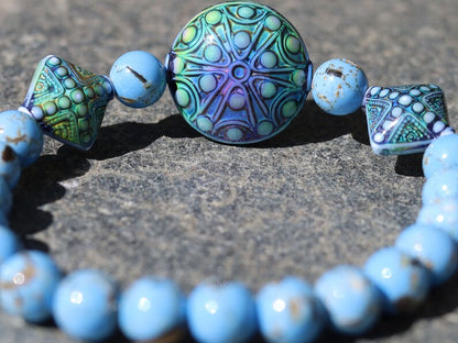 Color-changing Mirāja collection. Unique mix Agates Quartz Jaspers Amazonite Lava Tiger Eye bracelet with Mirage Mood Stargazer Puffy Coin