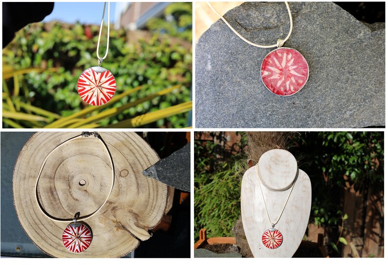 New circle-shaped pendant with red-white shell inlay set in sterling silver. 925 sterling silver handcraft by Balinese silversmiths
