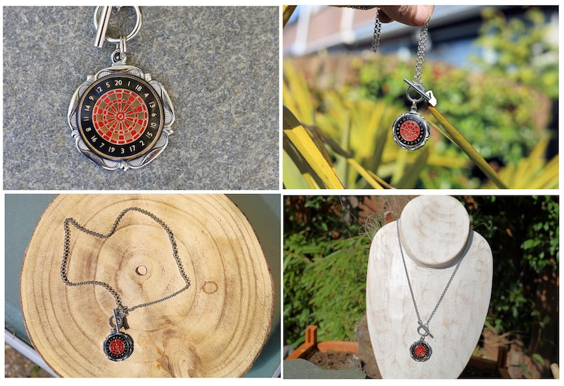 Vintage Darts Fob Medal Pendant Necklace w Front Fastening Toggle Clasp. This is a cool darts fob medal which has been attached to a front fastening toggle chain