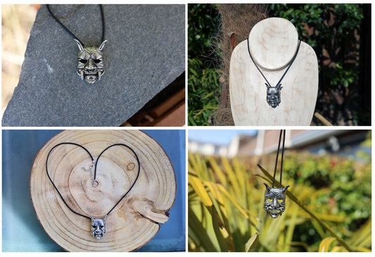 Dark Wind Gothic Demon Fangs Yaksha Mask Pendant. In the mythology of India, the Yakshas were supernatural beings