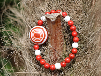 Tibetan RARE  Reddish Agate Dzi *Sky Eyed* Beaded bracelet. With  Stone Red Howlite Turquoise beads. And 5x White Onyx Agate.