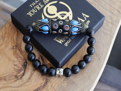 Amazing big Handmade Indonesia Bead combined 10 mm Black Agate beads. The artistry and a creativity of Indonesian beads is truly inspiring.