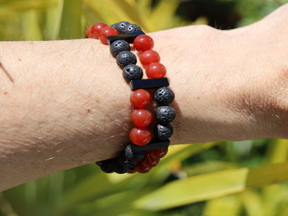 Crazy Double row beaded bracelets. Two Row Stone Bracelets.  Stone Red Chalcedony with Lava rocks. handmade  on-trend unique jewelry