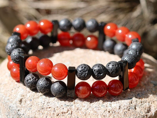 Crazy Double row beaded bracelets. Two Row Stone Bracelets.  Stone Red Chalcedony with Lava rocks. handmade  on-trend unique jewelry