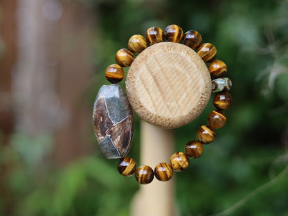 Yellow Tiger Eye Dzi Bracelet *5Eyed* Bead. Antique Green & Brown Oval Flat Dzi Bead, Big Flat Barrel Vintage Tibetan Agate.