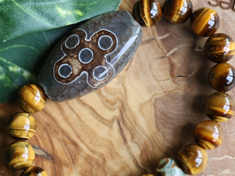 Yellow Tiger Eye Dzi Bracelet *5Eyed* Bead. Antique Green & Brown Oval Flat Dzi Bead, Big Flat Barrel Vintage Tibetan Agate.