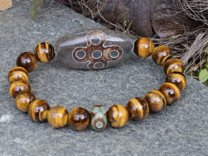 Yellow Tiger Eye Dzi Bracelet *5Eyed* Bead. Antique Green & Brown Oval Flat Dzi Bead, Big Flat Barrel Vintage Tibetan Agate.