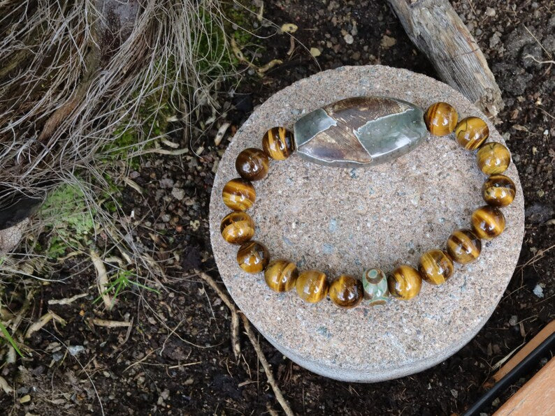 Yellow Tiger Eye Dzi Bracelet *5Eyed* Bead. Antique Green & Brown Oval Flat Dzi Bead, Big Flat Barrel Vintage Tibetan Agate.