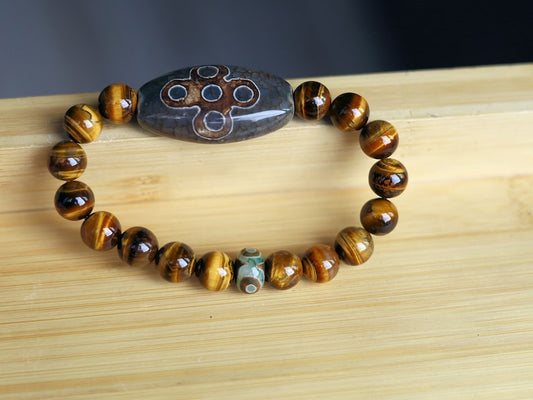Yellow Tiger Eye Dzi Bracelet *5Eyed* Bead. Antique Green & Brown Oval Flat Dzi Bead, Big Flat Barrel Vintage Tibetan Agate.