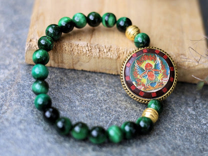 Unique, one of a kind Green Tiger's  bracelet with Ethnic Handmade Nepal Pendant God Of Wealth. bodhi, jade line, copper, sandalwood