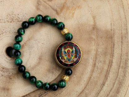 Unique, one of a kind Green Tiger's  bracelet with Ethnic Handmade Nepal Pendant God Of Wealth. bodhi, jade line, copper, sandalwood