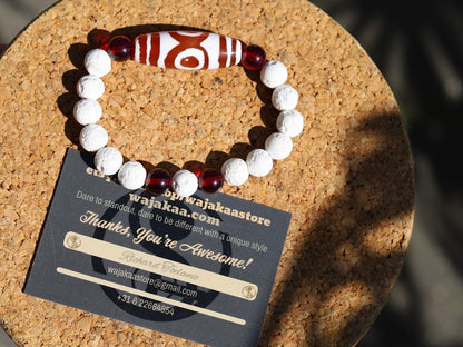 Energy Tibetan Red Agate 3 Eye Big Wisdom bracelet with  white lava beads  and 4x Red Agate beads. Surrounded by myth and mystery