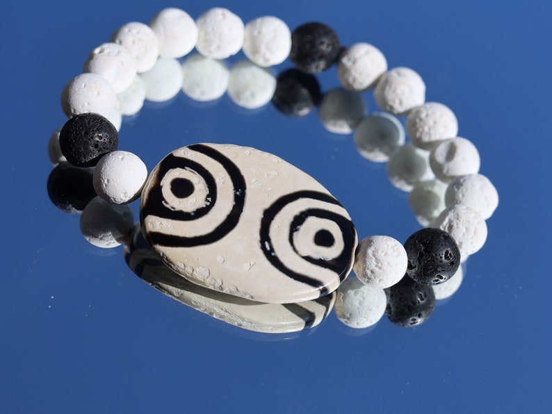 White & Black Oval Flat 4 eyed Dzi Beads, Big Flat Barrel Vintage Tibetan Agate. treasure of Himalayas to have strong properties