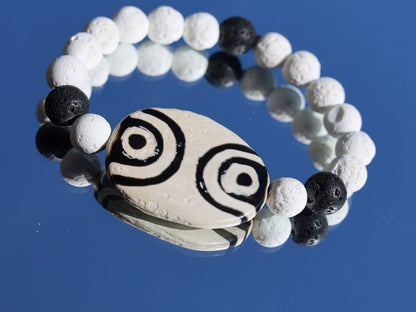 White & Black Oval Flat 4 eyed Dzi Beads, Big Flat Barrel Vintage Tibetan Agate. treasure of Himalayas to have strong properties