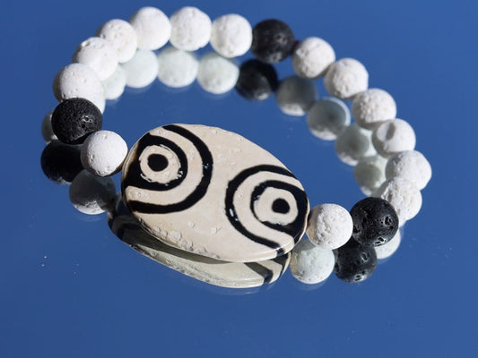 White & Black Oval Flat 4 eyed Dzi Beads, Big Flat Barrel Vintage Tibetan Agate. treasure of Himalayas to have strong properties