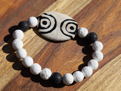 White & Black Oval Flat 4 eyed Dzi Beads, Big Flat Barrel Vintage Tibetan Agate. treasure of Himalayas to have strong properties