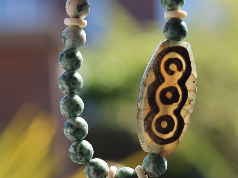 Flat Oval Green Chalcedony Beads Tibetan Amulet 6 Eye Totem Agates Dzi Beads. Combined with green spot jasper beads.