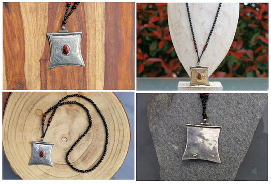 TUAREG PENDANT VINTAGE NECKLACE with RED Onyx and Traditional Incised Designs
