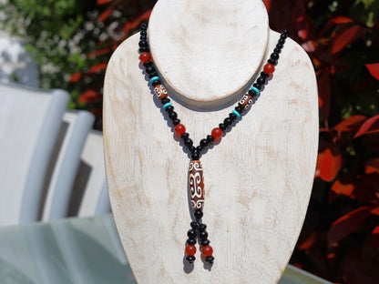 Tibetan Curved Ruyi Pattern Dzi Beads necklace. Amulet for Happiness and Increases Access to Good Luck.  protective and healing properties