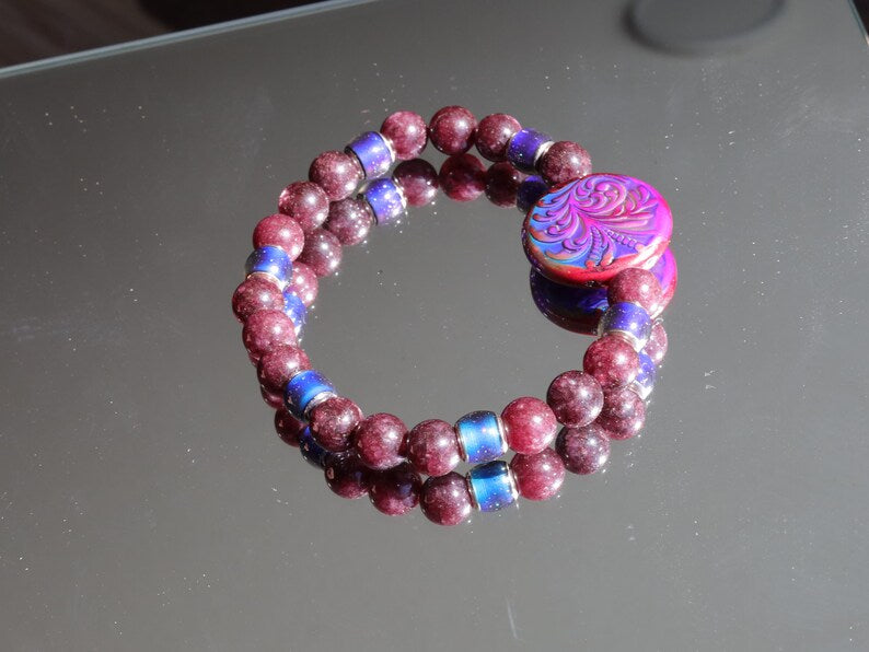 Color-changing Mood Mirāja collection. Dark Red Garnet Jade Beads with Mirage Mood Radiant Rouge Coin. Creating unique colors