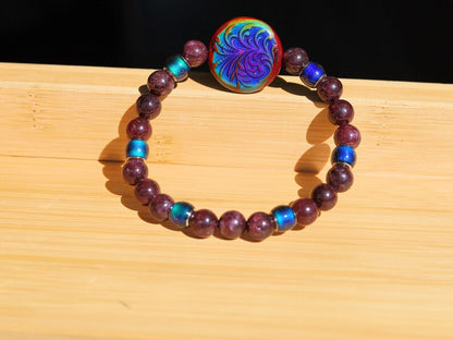 Color-changing Mood Mirāja collection. Dark Red Garnet Jade Beads with Mirage Mood Radiant Rouge Coin. Creating unique colors