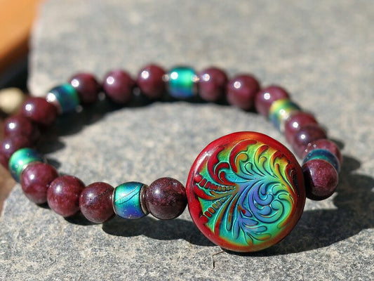 Color-changing Mood Mirāja collection. Dark Red Garnet Jade Beads with Mirage Mood Radiant Rouge Coin. Creating unique colors